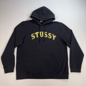VTG Stussy Hoodie Mens XL Black Spellout Pocket Drawstring Made in USA Y2K *FLAW